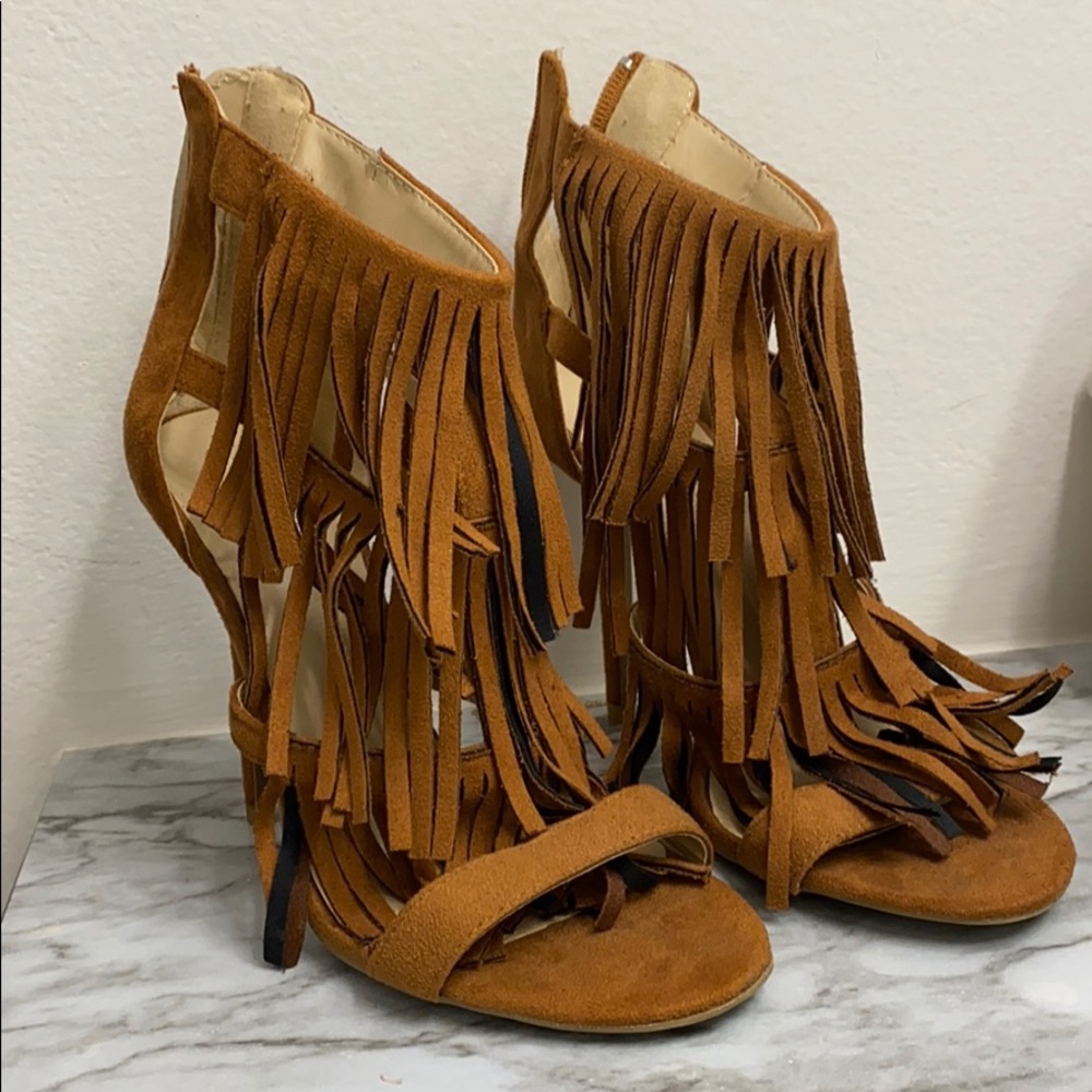 Brown Fringed Heels